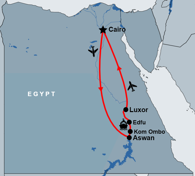 Cairo and 3 Nights Nile Cruise Aswan to Luxor map Cairo and 3 Nights Nile Cruise Aswan to Luxor map